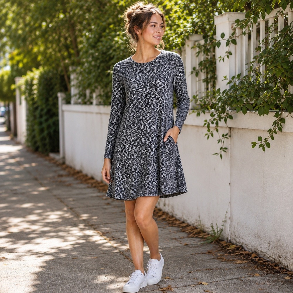 Lou & Grey Black White Space Dye 100% Cotton Knitted Dress WMS XS